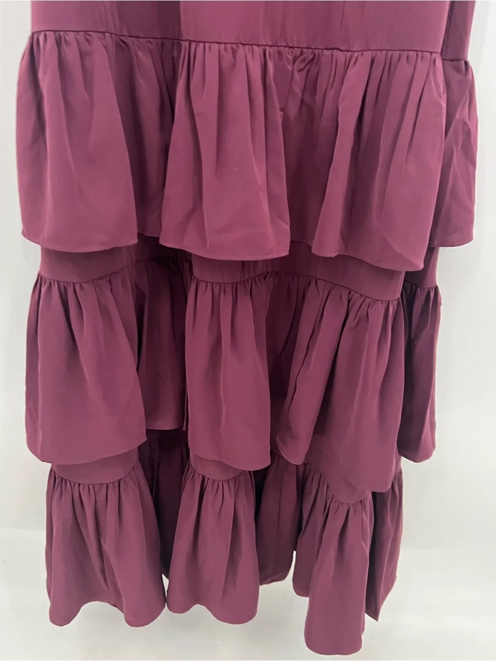 Abercrombie & Fitch Maroon Matte Satin Tiered Ruffle Maxi Dress